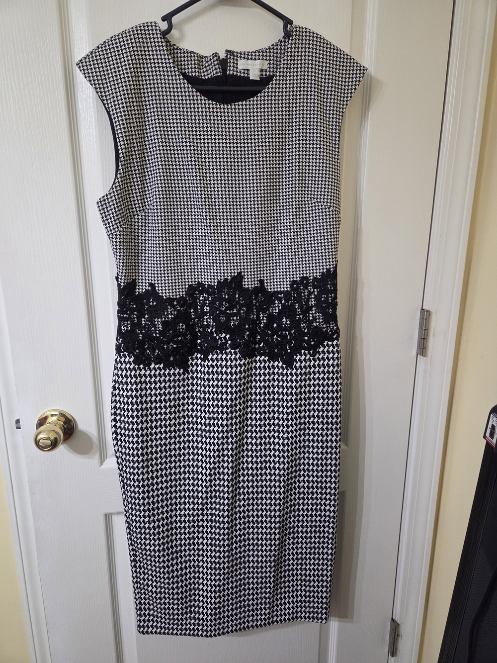 New York & Company Black and White Houndstooth Midi Dress with Lace Waist
